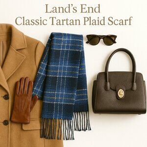 Lands’ End Blue Plaid Fringe Scarf – Soft Winter Wrap – Classic Tartan